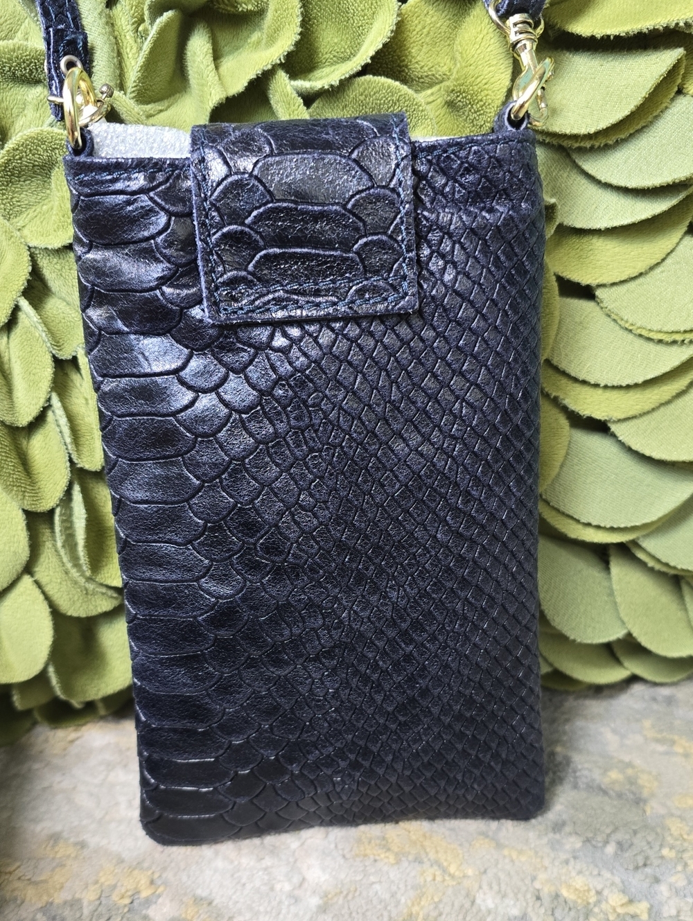 German Fuentes Navy Snakeskin Embossed Crossbody Phone Bag with Gold Bee Accent - Picture 6 of 14